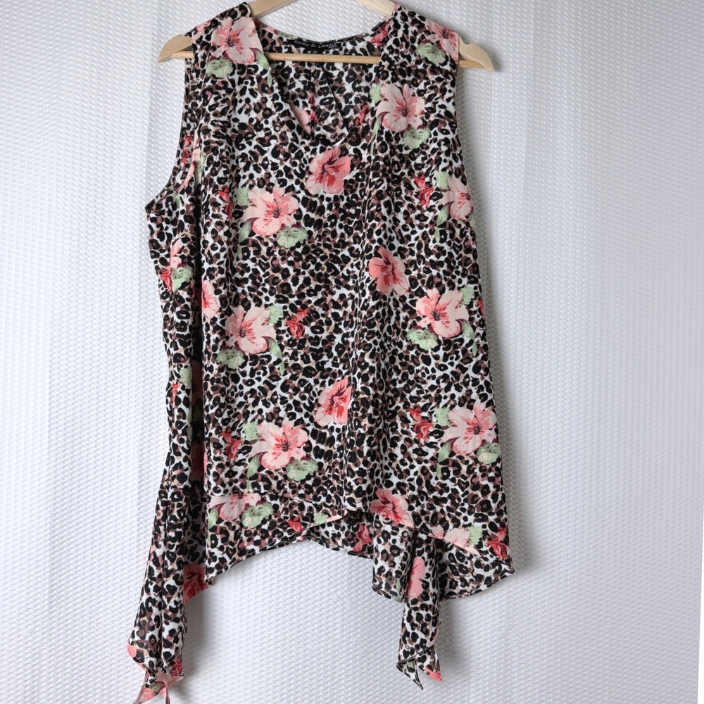 Zoey & Leelo Blouse Women 1X Brown Leopard Floral Sleeveless Flowy Plus Size
